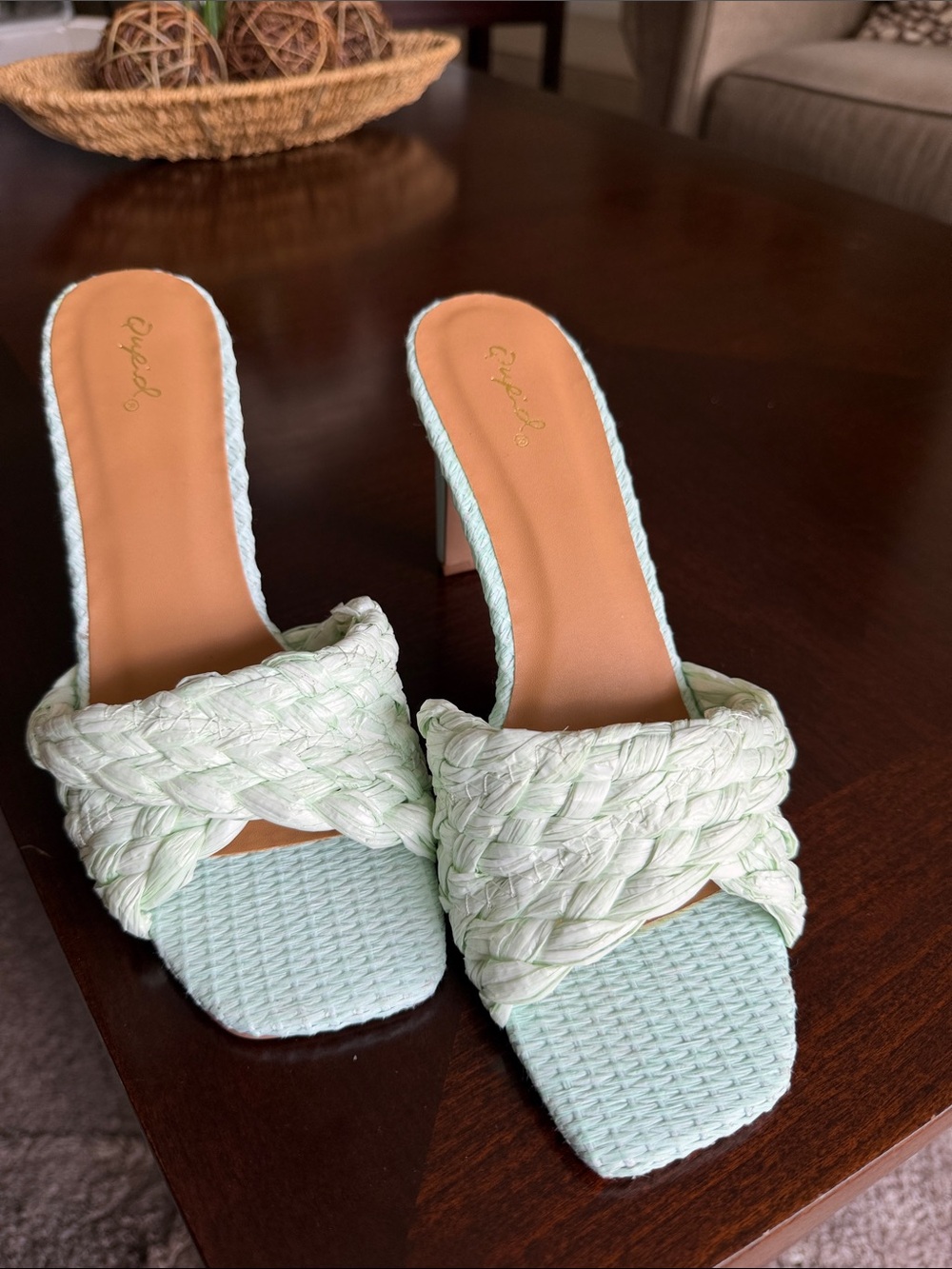 Qupid Mint Green Braided Slide Mules